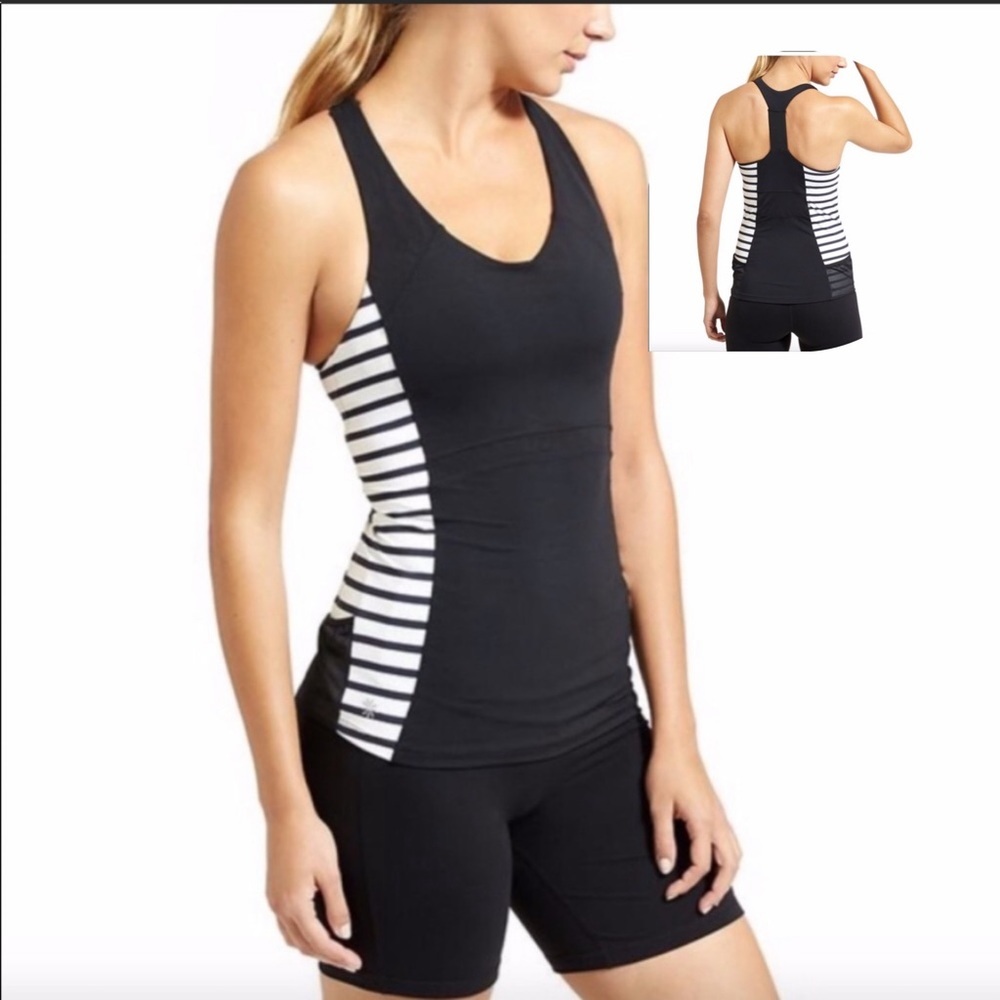 ATHLETA Ace‎ Racer Back Tank Top Pockets Shelf Bra Black White Stripes Sz S